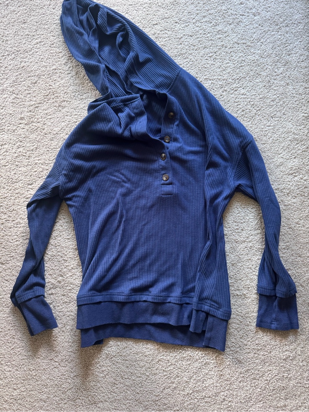 Women's Navy Waffle-Knit Hooded Henley Sweater